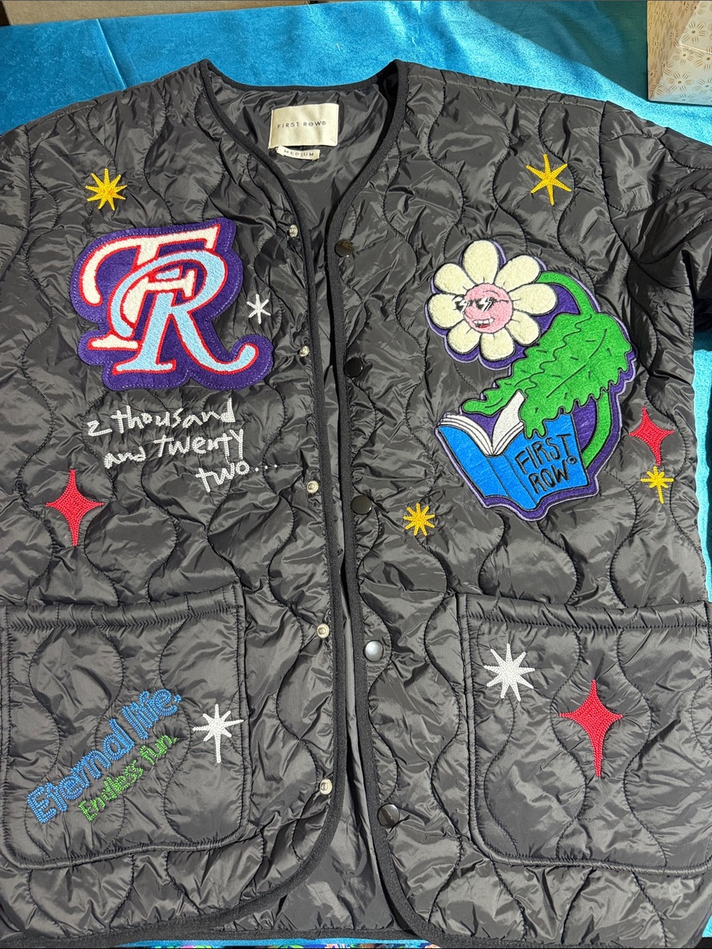 First Row Women's Black Quilted Embroidered Puffer Jacket